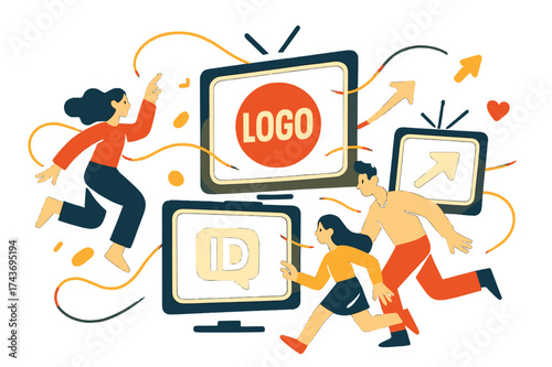 Dynamic TV Branding. Channel identity design. Glowing TV screens displaying animated logos with abstract floating light trails emphasizing branding,