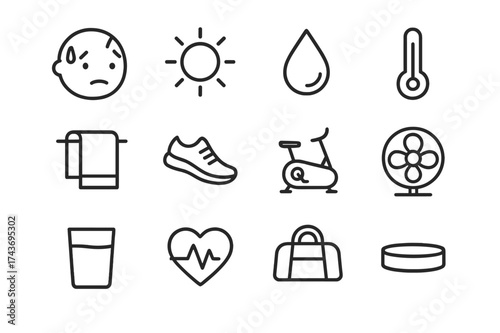 Hot & Active Icons. Hot & Active. Line icon set of Hot & Active: face with sweat, sun, water droplet, thermometer, towel, running shoe, exercise bike, fan,