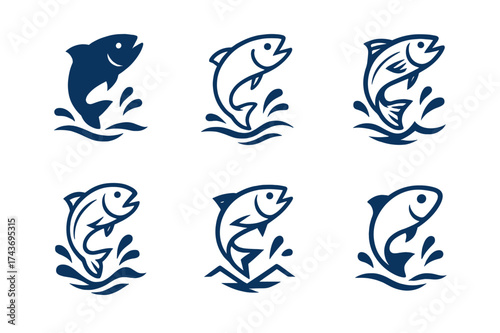 Fish Jumping Logos. Fishing at the lake. Set Logo of fish jumping: fish leaping out of water with splash effect. harmonious logo variations of the same