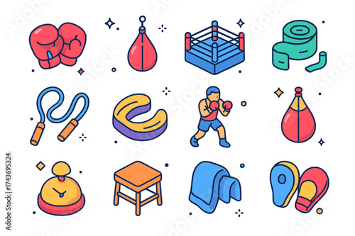 Boxing Icon Set. Boxing. Colorful isometric vector icons set of boxing: boxing gloves, punching bag, boxing ring, hand wraps, skipping rope, mouthguard, boxing