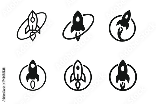 Rocket Logo Variations. Rocket launches. Set Logo of orbit trajectory: rocket with circular orbital path line. harmonious logo variations of the same