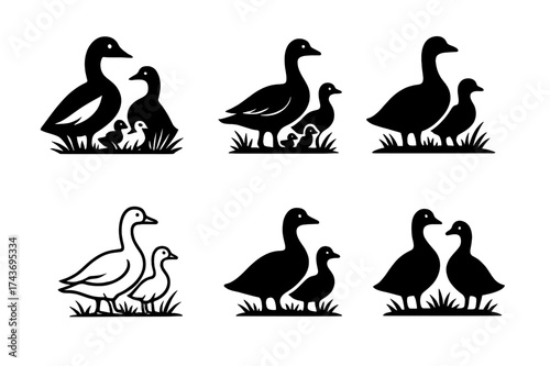 Geese Logo Variations. Geese. Set Logo of Wildlife: Family of geese on grassy field. harmonious logo variations of the same emblematic concept, each with