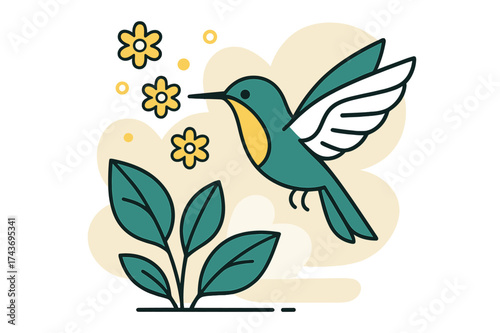 Garden Hummingbird Elegance. Garden Hummingbird. A bird hovering near stylized leaves, glowing floral icons floating upward. Peaceful and fresh atmosphere.