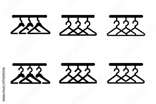 Hanger Logo Variations. Closet rod. Set Logo of coat hangers: multiple hangers suspended from rod. harmonious logo variations of the same emblematic concept,