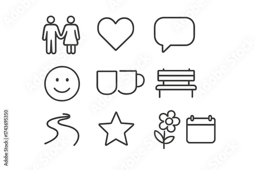 Couple Time Icons. Couple time. Line icon set of couple time: couple holding hands, heart, speech bubble, smiley face, coffee mugs, bench, star, walking path,