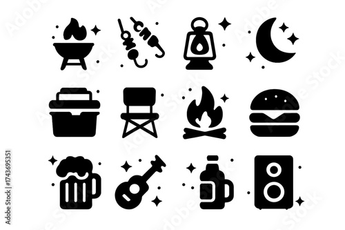 BBQ Night Icons. BBQ Night. Solid icons set of grill fire, skewers, lantern, moon, stars, cooler, chair, campfire, burger, beer mug, guitar, speaker. Filled
