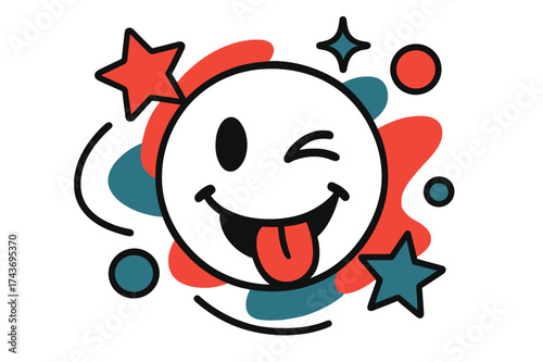 Playful Winking Face. Playful Expression. A glowing winking face with tongue sticking out, abstract floating fun shapes like stars and circles orbiting. Modern