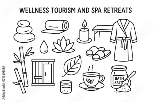 Spa Retreat Elements. Wellness Tourism and Spa Retreats. Hand-drawn doodle illustration wellness tourism and spa retreats spa stones, towel, lotus flower,