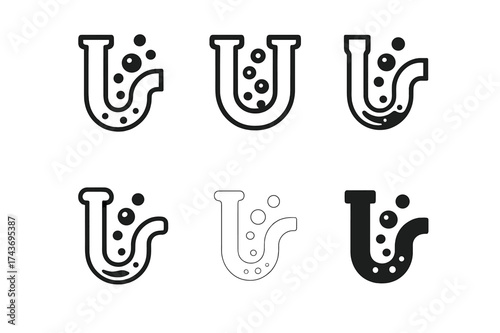 Harmonious Drain Logos. Drain cleaning chemicals. Set Logo of chemical reaction: bubbles forming inside pipe. harmonious logo variations of the same emblematic