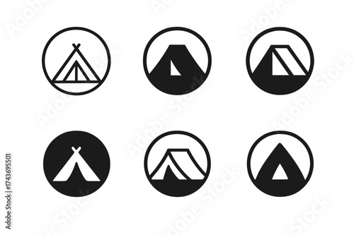 Backpacking Logo Variations. Backpacking Journey. Set Logo of Backpacking Journey: tent. harmonious logo variations of the same emblematic concept, each with