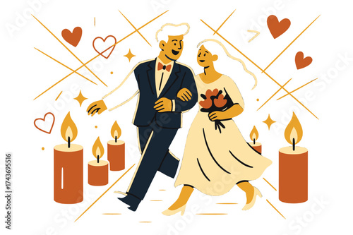 Romantic Wedding Glow. Intimate wedding lighting. Glowing candles along the aisle with abstract floating hearts and geometric light lines emphasizing romance,