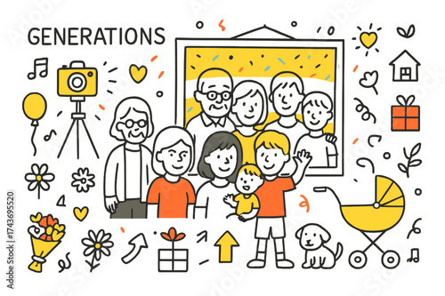 Family Generations Celebration. Generations Photo. Hand-drawn doodle illustration tripod, camera (colored), large photo frame (colored), grandparents, parents,
