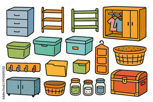 Colorful Storage Solutions. Storage solutions. Colorful Hand-drawn doodle Children illustration Storage solutions drawer organizer, shelf, shoe rack, wardrobe,