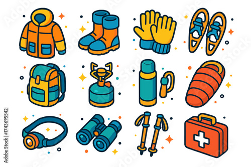Colorful Expedition Gear Icons. Expedition Gear. Colorful isometric vector icons set of Expedition Gear: parka jacket, thermal boots, insulated gloves,