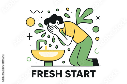 Refreshing Splash. Fresh Start. A person leaning over a glowing sink, splashing cold water on their face, floating droplets forming abstract patterns. Modern