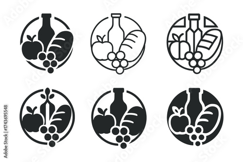 Picnic Emblem Designs. A group of friends having a picnic in a park, enjoying nature and food. Set Logo of food circle: fruits, bread, and drinks arranged in