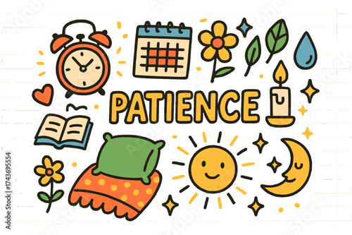 Playful Patience Icons. Patience. Colorful Hand-drawn doodle Children illustration Clock, calendar, heart, flower, star, leaf, water drop, book, pillow,