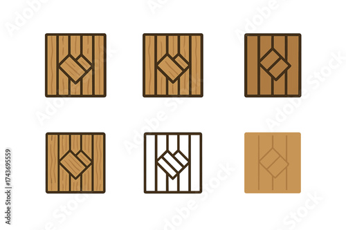 Deck Builder Logos. Deck builders constructing wooden decks. Set Logo of deck layout: top view of wooden planks arranged in pattern. harmonious logo variations