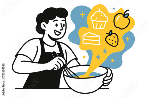 Joyful Baking Whisk. Joy of baking. A character happily whisking ingredients while abstract glowing shapes of cakes, muffins, and fruits float above the bowl.