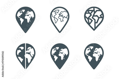 Logo Variations Grid. Travel destinations. Set Logo of world map pin: location marker integrated with map. harmonious logo variations of the same emblematic