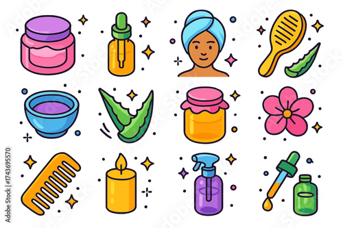 Isometric Spa Icons. Spa Hair Care. Colorful isometric vector icons set of spa hair care: jar mask, essential oil, towel wrap, brush, bowl, aloe leaf, honey