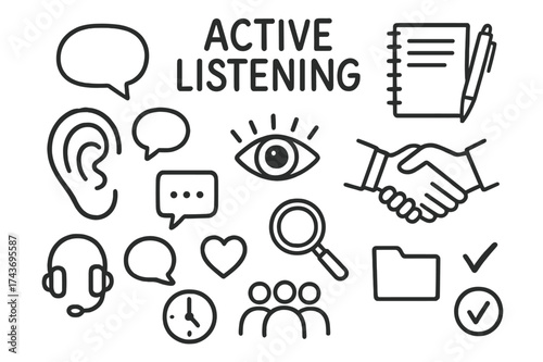 Active Listening Icons. Active listening. Hand-drawn doodle illustration active listening ear, speech bubble, notebook, pen, open eye, handshake, magnifying