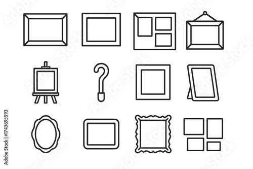 Photo Frame Icons. Photo Display. Line icon set of Photo Display: photo frame, empty frame, collage frame, hanging frame, easel, wall hook, frame with mat,