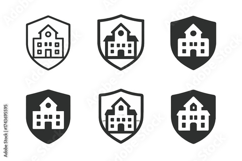 School Safety Logos. Safety in schools and educational institutions. Set Logo of Safety in schools and educational institutions: School building. harmonious