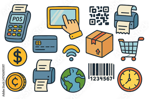 POS System Doodles. POS System. Colorful Hand-drawn doodle Children illustration card reader, touchscreen, QR code, receipt, package, credit card, dollar sign,