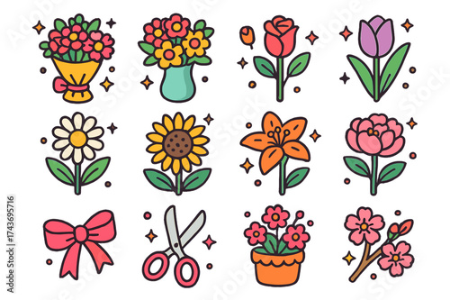 Colorful Floral Icons. Floral Arrangements. Colorful isometric vector icons set of floral arrangements: bouquet, vase with flowers, rose, tulip, daisy,