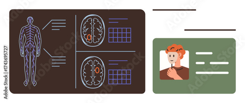 Medical screen showing brain scans, nervous system diagram, and a digital ID card. Ideal for healthcare, identification, neuroscience, diagnostics, records technology research. Simple flat metaphor