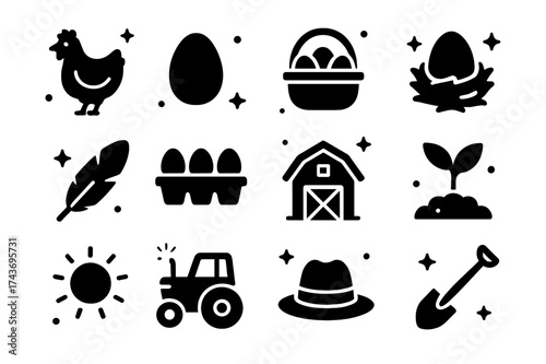 Egg Farming Icons. Egg farming. Solid icons set of Egg farming: chicken, egg, basket, nest, feather, egg carton, barn, plant sprout, sun, tractor, farmer hat,