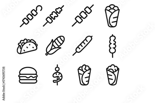 Street Food Icons. Street food grill. Line icon set of Street food grill: skewer, satay, yakitori, gyro wrap, taco, grilled corn, sausage stick, kebab wrap,