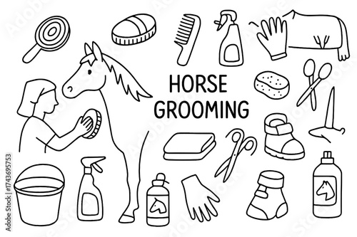 Horse Grooming Tools. Horse Grooming. Hand-drawn doodle illustration Horse Grooming curry comb, grooming brush, mane comb, hoof pick, sponge, bucket, spray