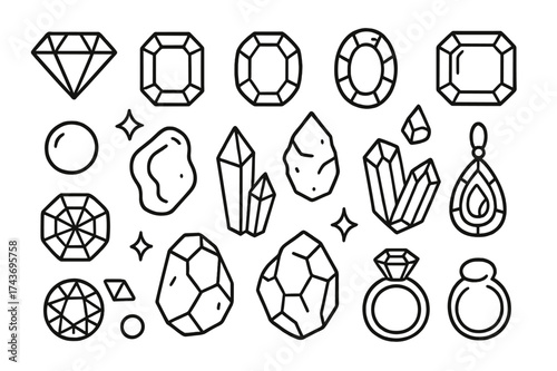 Gemstone Doodle Icons. Gemstones. Hand-drawn doodle illustration gemstones diamond, ruby, sapphire, emerald, amethyst, pearl, opal, turquoise, topaz, crystal,