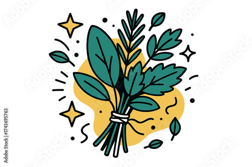 Herbal Cleansing Harmony. Herbal bundle. A glowing tied mix of sage, mint, and rosemary with abstract floating stars and leaves symbolizing cleansing and