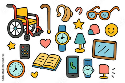 Assistive Devices Doodle. Assistive Devices. Colorful Hand-drawn doodle Children illustration wheelchair, cane, hearing aid, glasses, phone, tablet, star,