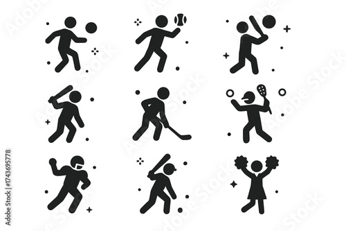 Team Sports Icons. Team sport athletes. Solid icons set of soccer player, basketball player, volleyball player, baseball player, hockey player, rugby player,