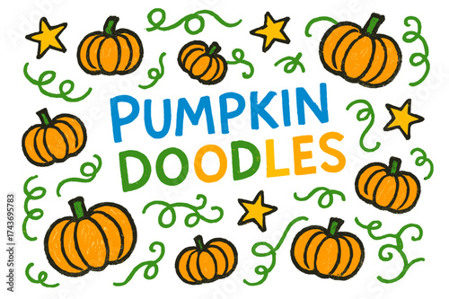 Playful Pumpkin Sketches. Pumpkin Doodles ? Doodle / Sketch, playful rough hand-drawn strokes, tilted casual layout, doodle pumpkins, stars, and