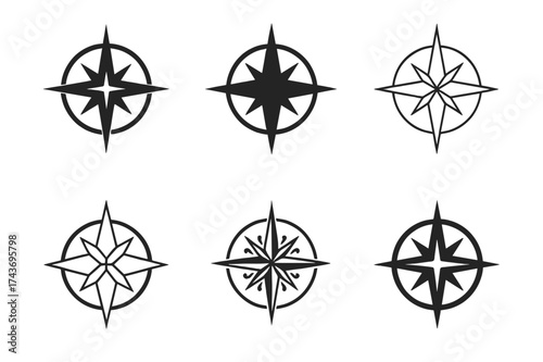 Compass Rose Variations. Travel destinations. Set Logo of compass rose: travel compass symbol with decorative detail. harmonious logo variations of the same