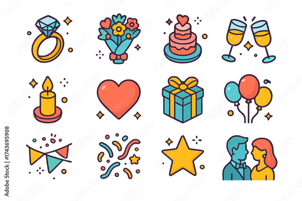 Fototapeta premium Wedding Icons Delight. Wedding Prelude. Colorful isometric vector icons set of wedding prelude: engagement ring, bouquet, cake, champagne glasses, candle,