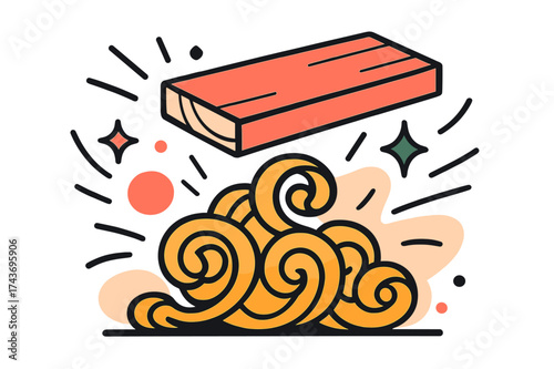 Crafting Wood Magic. Wood shavings. A glowing pile of wood curls under a freshly cut plank, abstract floating sparkles and motion lines symbolizing handmade