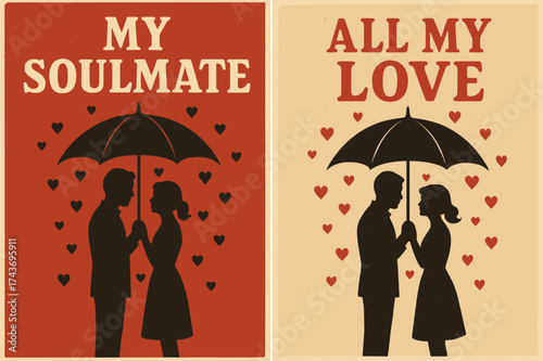 Soulmate Silhouette Banners. Soulmate. Two vertical A6 banners, retro, red and beige backgrounds, two silhouettes sharing an umbrella with tiny hearts, first