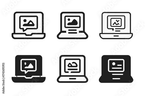 Harmonious Logo Variations. Social media content creation. Set Logo of Digital Media: laptop and social feed icon. harmonious logo variations of the same
