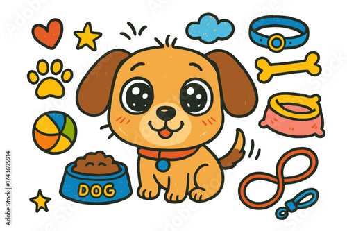 Puppy Doodle Delight. Puppy Eyes. Colorful Hand-drawn doodle Children illustration Cute puppy face, big sparkling eyes, floppy ears, wagging tail, paw print,