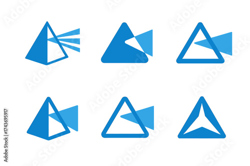 Prism Blue Logos. Why the sky is blue. Set Logo of prism triangle: triangular prism emitting blue light beam. harmonious logo variations of the same emblematic