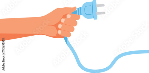 Human hand holding blue electrical plug with two prongs, vector illustration for energy connection, power safe.