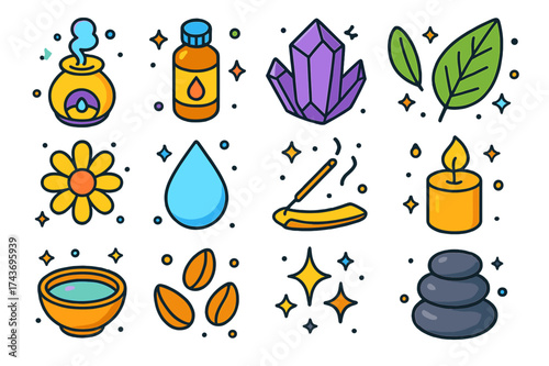 Holistic Healing Icons. Holistic Healing. Colorful isometric vector icons set of holistic healing: diffuser, oil bottle, crystal, herbal leaf, flower, water