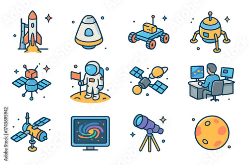 Colorful Space Icon Set. Space Missions. Colorful isometric vector icons set of Space Missions: rocket launch, space capsule, Mars rover, lunar lander, space
