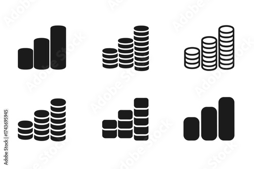 Coin Bar Chart Logos. Business pricing strategies. Set Logo of Business pricing strategies: stacked coins forming a bar chart. harmonious logo variations of